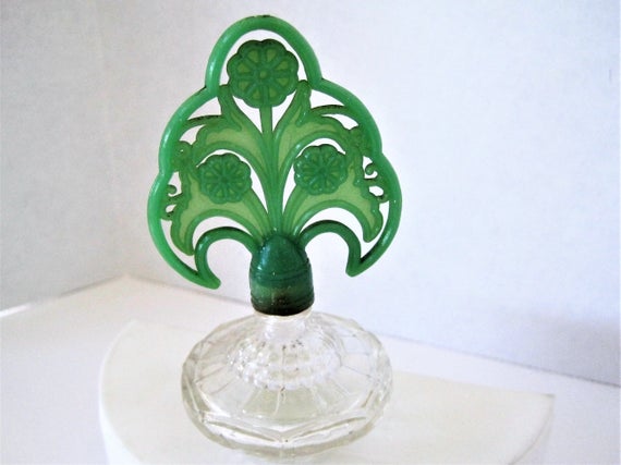 Perfume Bottle, Vintage Glass Bottle, Green Celluloid Stopper, 50's cologne