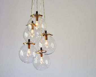 Globe Chandelier Lighting Fixture, 5 Hanging Clear Glass Bubble Clustered Pendant Lights, Modern BootsNGus Lighting