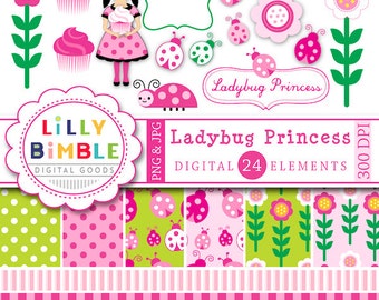 Ladybug Clipart and Digital Papers in pink and green with ladybugs, cupcakes,