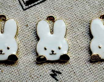 Rabbit charms 3 gold & white enamel pendant charm jewellery supplies C434