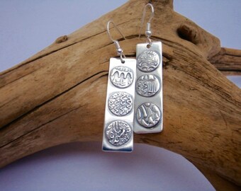 Mini Mandalas Earrings - PMC - Fine Silver Textured Circles - Rectangle Dangle Earrings