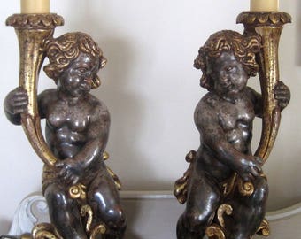 Vintage Pair of Table Lamps Carved Putti Italian Style Torcheres