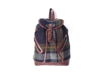 vintage FLANNEL & LEATHER school bag 90s color BLOCK plaid backpack