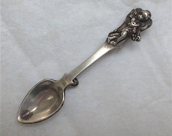 Sterling Spoon Pin - Cherub Crested Tiny Brooch Vintage 70s Bridal Jewelry Miniature Spoon