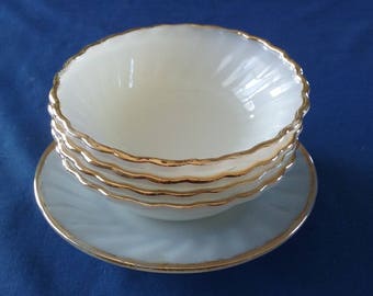 Vintage Anchor-Hocking Milk Glass Dessert Bowls and Fire-King Saucer in Swirl Pattern