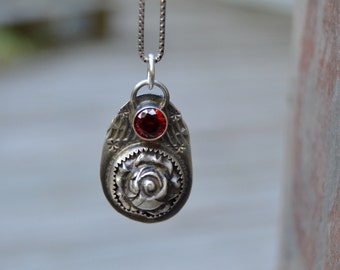 Rose Sterling Necklace. Fine Silver . Red Crystal Glass. Handmade . Fine Silver . Rustic . Earthy . Boho .