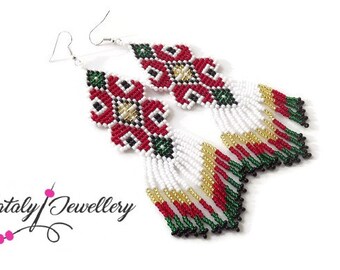 Ethnic earrings Red green earrings Long earrings Beaded earrings Boho jewelry Beaded jewelry Ethnic jewelry Fringe earrings Gift for her