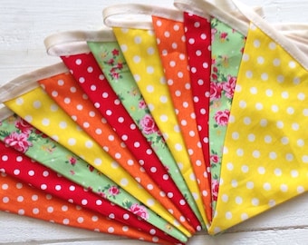 Double sided Fabric Bunting: rose flowers, red, orange, yellow dots