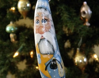 Hand Painted 7-1/2" Blue Primitive - Folk Art - Santa Gourd Ornament - Sheep - Feather Tree - Original Design - Collectible - Home Decor