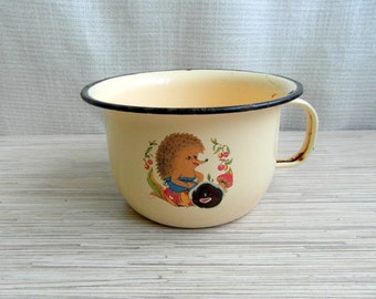 Enamel Child Chamber Pot Tan Black Trimmed With Hedgehog On Both Sides Rare Soviet Child's Chamber Pot With Handle Enamel Chamber Pot