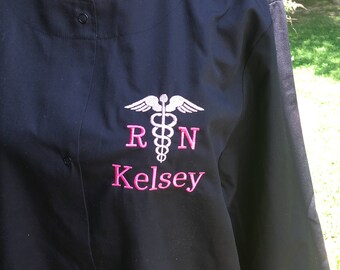 Monogrammed Nurse Lab Coat. Monogrammed Caduceus Symbol Lab Jacket. Nursing stethoscope. RN, LPN, CNA, etc. Product ID4350