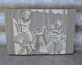 Hand Carved Linoleum Block Children On A Carousel Vintage Image Block Printing Art