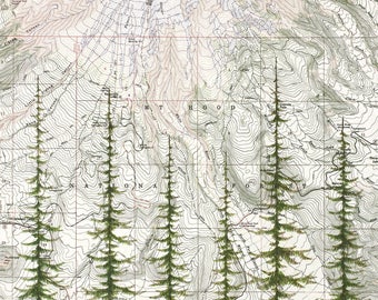 Mt Hood National Forest, Mount Hood painting, Mountain trees, Oregon mountain print, Portland wilderness mountain art topo map evergreens