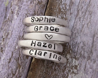 personalized stackable name rings sterling silver - hand-stamped customized word ring set - custom stacking mother stack ring set jewelry