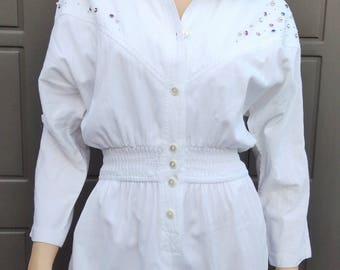 Vintage 80's bejewled white cotton Jumpsuit Vintage 80's Sz Small