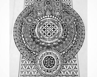 A3 Hand of Fatima Original Mandala Drawing