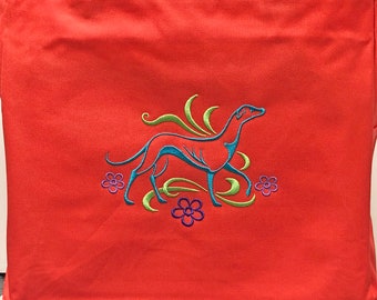 Embroidered 'Graceful Greyhound' Galgo Zippered Tote Bag in Hibiscus (Bright Peach) by JeanieSews4Fun