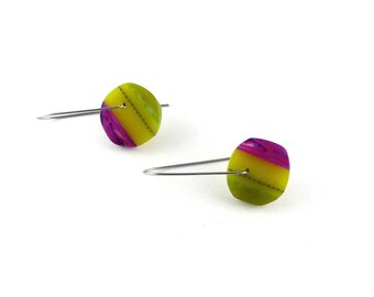 Fabulous two tone green resin discs with contrast purple; stainless steel