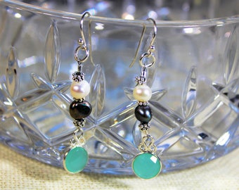 Blue chalcedony earrings, dangle earrings, pearl earrings, drop earrings, .925 Sterling silver earrings