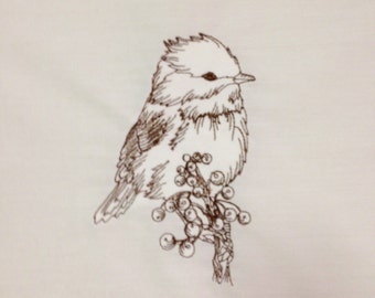 10 Redwork Machine Embroidery Squares - Chickadee Birds - Finished