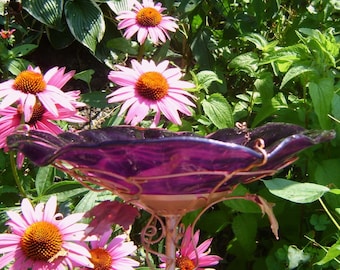 BIRD BATH, Stained Glass, PLUM, 7.5" diameter, Copper, Home Decor, Garden Art, Bird Feeder, Garden Suncatcher