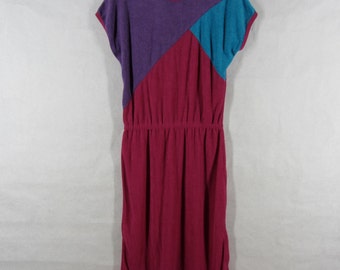80s Color Block Dress L Dark Pink French Terry Knit