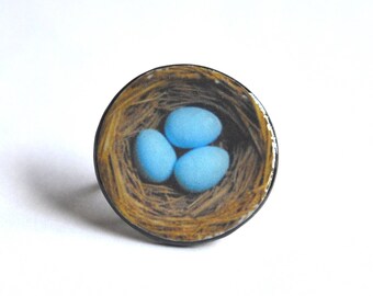 Large vintage style and retro Brown & Blue Bird nest ring