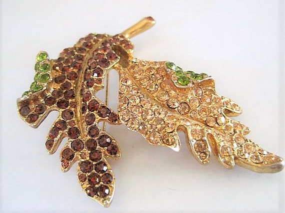 KJL Rhinestone Leaf Brooch, Signed Kenneth J Lane, Mid Century Early Leaf Pin