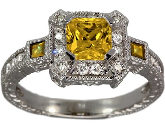 Princess Cut Yellow Sapphire Ring ,Best Selling Items, Art Deco Jewelry, Alternative Engagement Ring, Vintage Ring, Filigree Ring, 14K Gold
