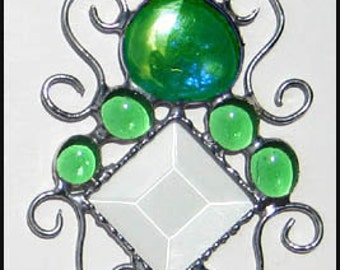 Stained Glass Sun Catcher, Suncatcher, Green Glass Nuggets, Stained Glass Sun-Catcher,Decorative Wire Work - 4 1/2 x 8"- 201-GR