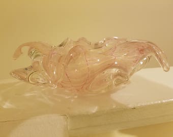 Retro Heavy Star Shaped Freeform Art Glass Dish/Ashtray with Pink Striping and Gold Glitter Possible Murano Glass