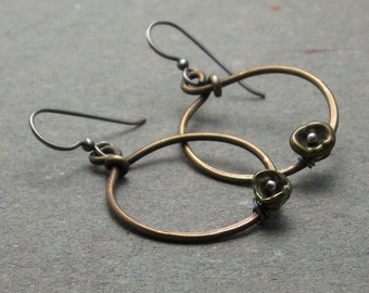Keshi Pearl Earrings Brass Hoop Mixed Metal Oxidized Sterling Silver Stylized Poppy Gift for Her