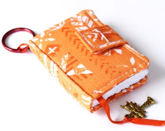 Tiny Journal in Orange Tropical Fabric Cover, Miniature Journal, Mini Blank Book, Key Ring Notebook with Ribbon Bookmark and Hawaiian Charm