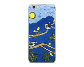 iPhone Case Featuring Two Chickadee Birds In The Sunshine On Trees Batik Print