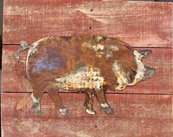 Metal Rusted Pig on Barn Board