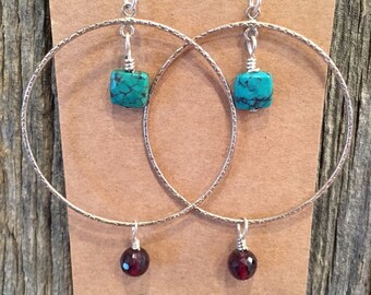 Sterling Silver Hoops with Turquoise and Garnets