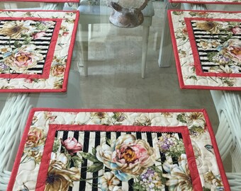 Quilted Placemats, Floral Placemats, Hand made Placemats, Sold in Sets of 4, Spring Table settings, Table Placemats, Botanical Placemats,