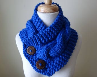 Knit Neck Warmer, Cable Knit Scarf, Chunky Warm Winter Scarf in Royal Blue 6" x 25" Coconut Shell Buttons Ready to Ship - Gift for Her