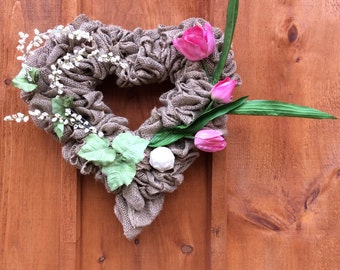 Heart Shaped Burlap Wreath, 17 Inch, Burlap Wreath, Spring Wreath, Valentine Wreath, Heart Shaped Wreath, Housewarming, Made In Canada