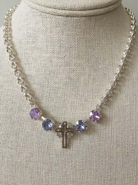 Filigree Cross Necklace with Violet & Provence Lavender Crystals