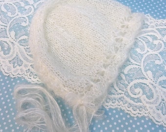 Newborn photo prop- Baby bonnet -White baby bonnet -Christening bonnet Mohair bonnet
