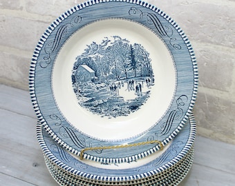 4 Currier and Ives flat soup bowls set of rimmed soup with 2 small defects, blue transfer ware Royal China dishes Early Winter design