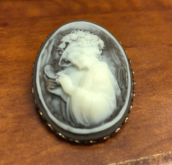 Antique Cameo Brooch, 1800's Lady, Flower Hat, White Molded Plastic Cameo, Art Nouveau Style