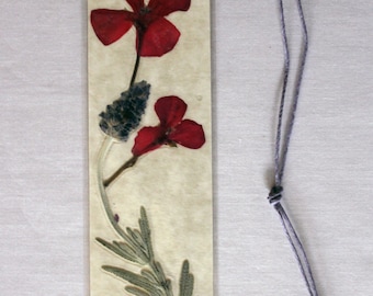 Red geranium and lavender pressed flower bookmark