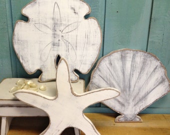 Starfish Sand Dollar Seashell Sign Beach House Decor Wall Art by CastawaysHall Set of Three