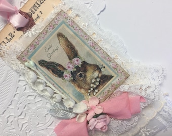 Easter Bunny Tag Bunny Art Tag Rose Lace Tag, Mixed Media Art Tag, French Gift Tag
