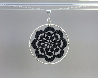 Serendipity doily necklace, black silk thread, sterling silver