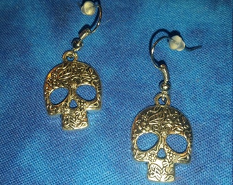 Floral Sugar Skull Earrings- Tibetan Silver