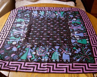 Vintage Silvania Prints Scarf, Inca Art, Vilcabamba, 100% Pima Cotton, Made In Lima Peru, Handprinted, 34" Square, Silvania Prints