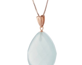 14k Rose Gold Clad 925 Sterling Silver Natural AAA Faceted Pear Aqua Chalcedony Pendant Necklace